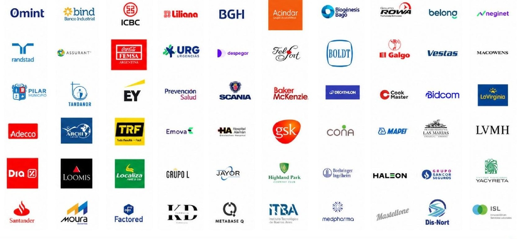 Logos de empresas clientes de Consultar: Omint, Bind Banco Industrial, ICBC, Liliana, BGH, Acindar, Biogénesis Bagó, Grupo Rowa, Belong, Neginet, Randstad, Assurant, Coca-Cola FEMSA, URG Urgencias, Despegar, Felfort, Boldt, El Galgo, Vestas, Macowens, Pilar Municipio, Tandanor, EY, Prevención Salud, Scania, Baker McKenzie, Decathlon, Cook Master, Bidcom, La Virginia, Adecco, Archi Latam, TRF, Emova, Hospital Alemán, GSK, Coña, Mapei, Las Marías, LVMH, Dia, Loomis, Localiza, Grupo L, Jayor, Highland Park, Boehringer Ingelheim, Haleon, Grupo Sancor Seguros, Yacyretá, Santander, Moura, Factored, KD Farmacia, Metabase Q, ITBA, Medpharma, Mastellone, Dis-Nort, ISL, entre otras