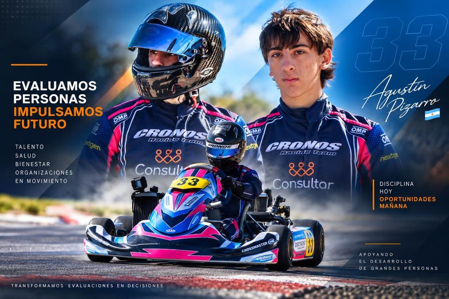 Agustín Pizarro, piloto oficial de Cronos Racing Team, junto a un piloto NextGen con la marca Consultar en su equipo de carrera